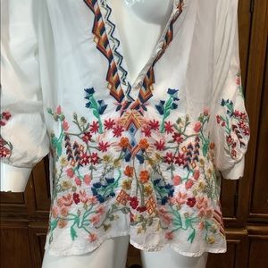 Johnny Was Embroidered Sheer Tunic White Button Front Flowy BOHO Floral
